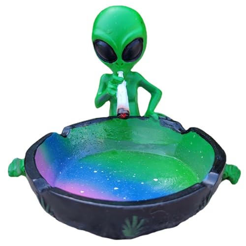 Aschenbecher Zigarre Aschenbecher Halloween Lustigem Alien Rauchen Aschenbecher Desktop Harz Multicolor Runde Fantasie Exzentrische Ascheschale mit erhöhter Grenze für Home Office (Green Alien) von KDAMGOQE