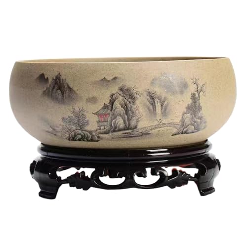 KDAMGOQE Bowl Lotus, Keramik Pflanzer rund 6, 5 in Dia Dekorative chinesische Style Bowl Pflanzer mit Basisgartendesktop -Malmalerei im Freien/Innenraum große Töpfe für Terrasse Balkon Haus von KDAMGOQE