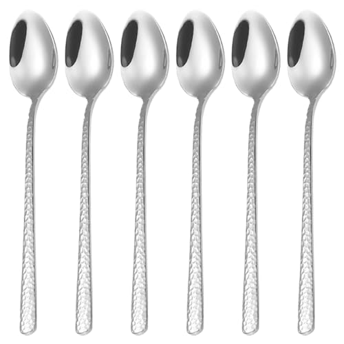 KDAMGOQE Eced Tea Löffel langes Griff Eislöffel 6pcs Kaffeelöffel 8 Zoll Hammer Muster Langgriff Tee Löffel Edelstahl -Eislöffel Rührlöffel für Dessert, Kaffee, Tee von KDAMGOQE