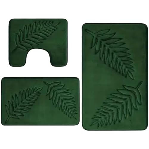 KDAMGOQE Grüne Badematte, Badezimmerteppichset (3pcs), Blattmuster Badezimmer Teppiche Nicht schlupftick von KDAMGOQE
