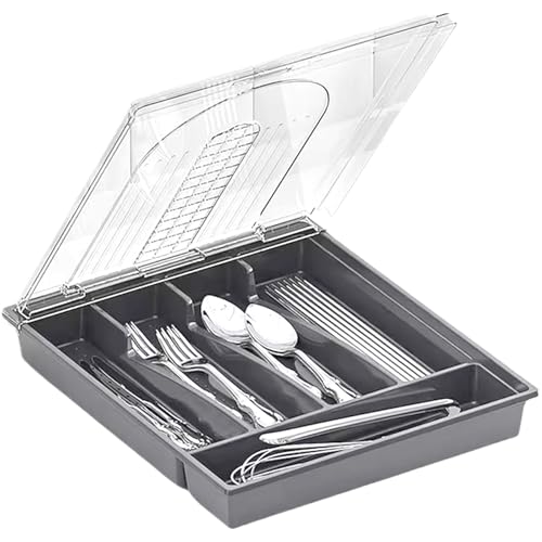 Silberwarenorganisator mit Deckel, überdachtes Utensileblett für Küchenschublade und Arbeitsplatte, Plastikcastlery und Besteckspeicher für Löffel Forks Messer, Grau, Utensilienhalter mit Deckel von KDAMGOQE