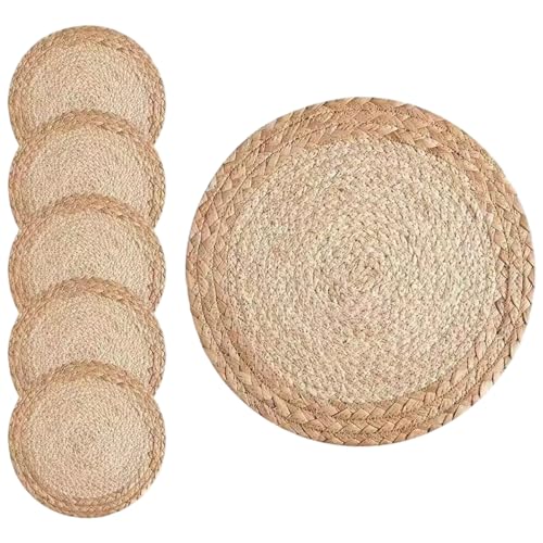 Strohplacemats 6pcs 12 Zoll gewebtes runde Placemats hitzebeständiger rustikaler Tischmatte für Esstisch, Hochzeit, Bauernhaus von KDAMGOQE
