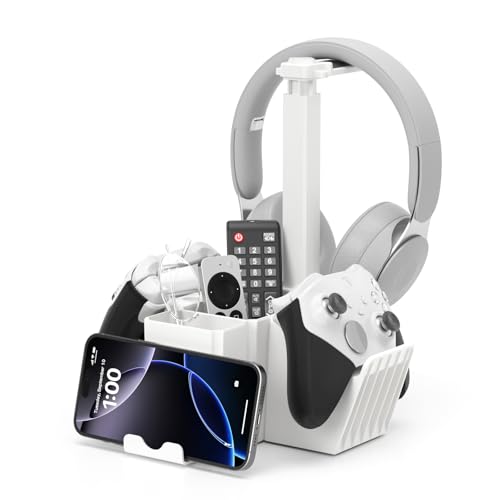 KDD Dual Controller Halter mit Headset Ständer - Universal Schreibtisch Organizer mit Handy Halterung - Multifunktionaler Gaming Organizer für Stift Xbox ONE PS5 PS4 PC Zubehör Büro Zuhause Weiß von KDD