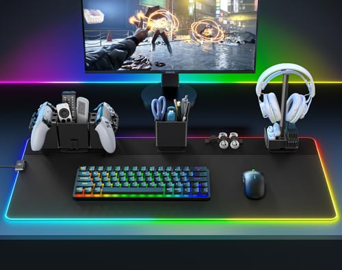 KDD Gaming Schreibtischunterlage Schwarz - Licht Modi Touch Control Schreibtisch Unterlegmatte & Mauspad mit Magnetisch Organizer Set für Controller- & Headset Halter/Stiftehalter/Kabelmanagement von KDD