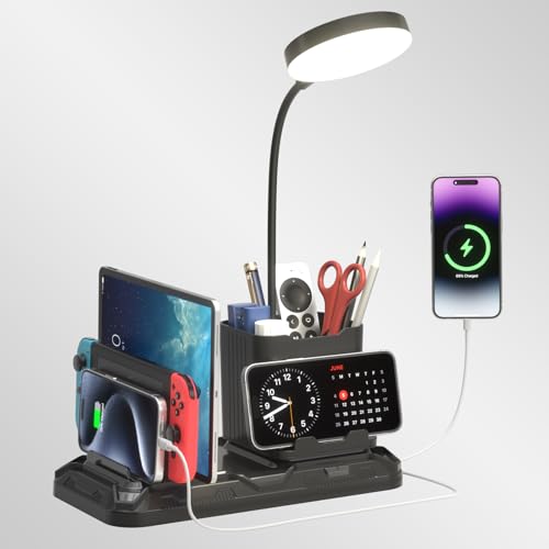 KDD Schreibtischlampe LED Dimmbar mit USB A&C Ladeanschluss - Tischlampe mit Stift & Handyhalterung - 360° Schwanenhals Nachttischlampe mit Ladefunktion & Geräteschlitz für Zuhause Büro Wohnheim von KDD