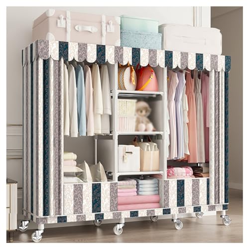 KDFWYDS Rollbarer Kleiderständer Für Schlafzimmer Tragbare Kleiderschrank Stoffschrank Für Hängende Kleidung Freistehender Garderobenständer Mit Stange Und Einlegeböden(Color : D, Size : 160x45x170cm) von KDFWYDS