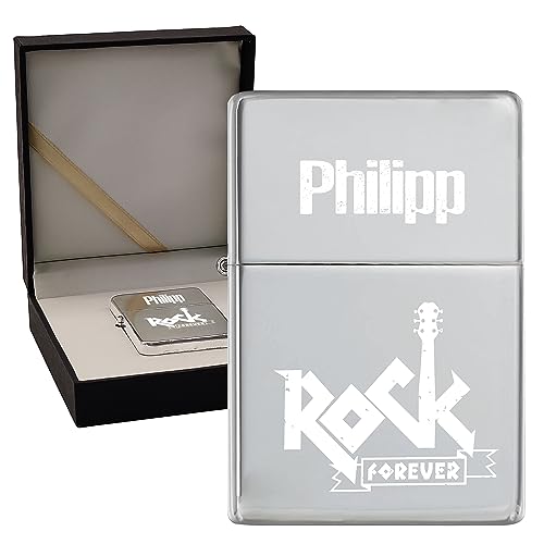 KDO MAGIC - Feuerzeug personalisiert - Eingravierter Vorname - Farbe Grau - Geschenkidee für Herren, Geburtstag, Vatertag (Motiv: Rock) von KDO MAGIC