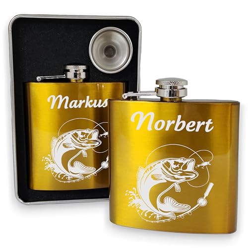 KDO MAGIC - Flachmann mit gravur - Personalisiertes Geschenk - Mehrere Logos - 175ml - Gold Farbe - Geschenkidee für Herren, Geburtstag, Vatertag (Motiv: Fisch) von KDO MAGIC