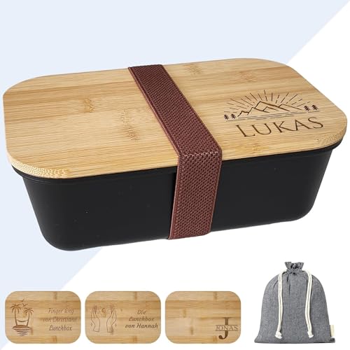 KDO MAGIC - Lunchbox personalisiert - Vorname eingraviert - Anpassbare Abdeckung - Essensbox - Schwarze oder weiße Farbe - Geschenkidee zum Muttertag, Geburtstag (Motiv: Berg, schwarz) von KDO MAGIC