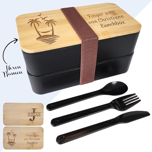 KDO MAGIC - Lunchbox personalisiert - Vorname eingraviert - Anpassbare Abdeckung - Essensbox - Doppelböden - Geschenkidee zum Muttertag, Geburtstag (Motiv: Strand, schwarz) von KDO MAGIC