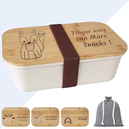 KDO MAGIC - Snackbox Personalisierte - Vorname eingraviert - Anpassbare Abdeckung - Weiße Farbe - Essensbox - Geschenkidee für Kind, Geburtstag, Schule (Motiv: Fuchs) von KDO MAGIC