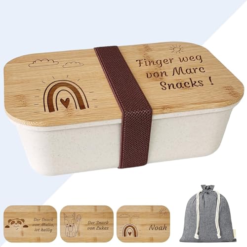 KDO MAGIC - Snackbox Personalisierte - Vorname eingraviert - Anpassbare Abdeckung - Weiße Farbe - Essensbox - Geschenkidee für Kind, Geburtstag, Schule (Motiv: Regenbogen) von KDO MAGIC