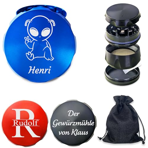 KDO MAGIC - Grinder personalisiert - 55 x 41mm - Gravierter Vorname - Mehrere Farben - Anpassbare Gewürzmühle - Hochwertige Tabakmühle aus Metall - Geschenkidee zum Geburtstag (Alien-Modell) von KDO MAGIC
