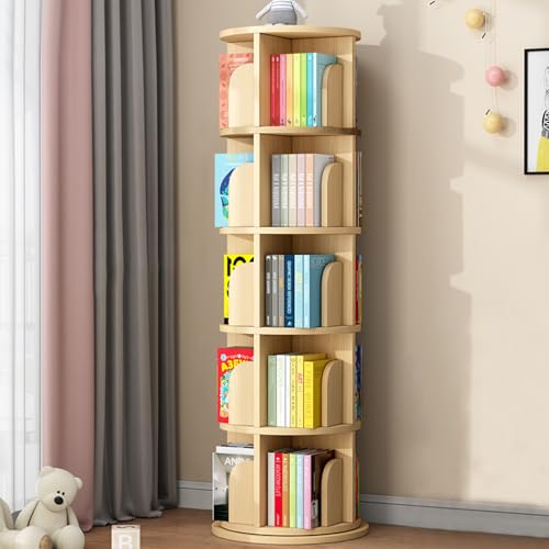 Drehbarer Bücherregal-Turm, stehendes Bücherregal mit 3/4/5 Ebenen für Kinder und Erwachsene, drehbares Bücherregal mit 360°-Anzeige, drehbares Eck-Bücherregal aus Holz, Aufbewahru von KDOQ