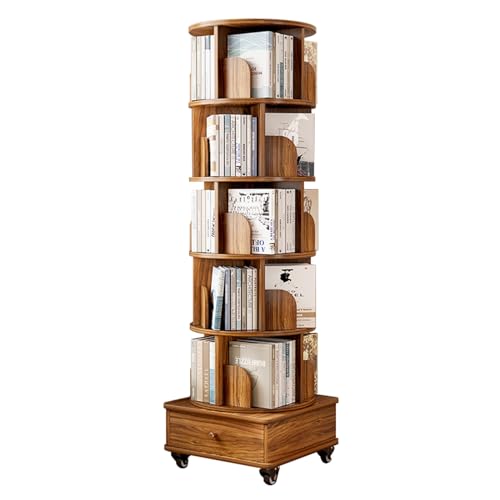 Drehbares Bücherregal, 360°-Display, stehendes Bücherregal, Eck-Bücherregale, Aufbewahrungsregal für kleine Räume, Arbeitszimmer, Schlafzimmer (Farbe: Braun, Größe: 5 Ebenen) von KDOQ