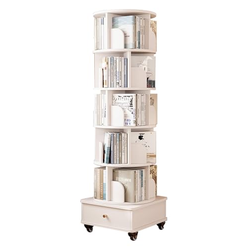 Drehbares Bücherregal, 360°-Display, stehendes Bücherregal, Eck-Bücherregale, Aufbewahrungsregal für kleine Räume, Arbeitszimmer, Schlafzimmer (Farbe: Weiß, Größe: 5 Ebenen) von KDOQ