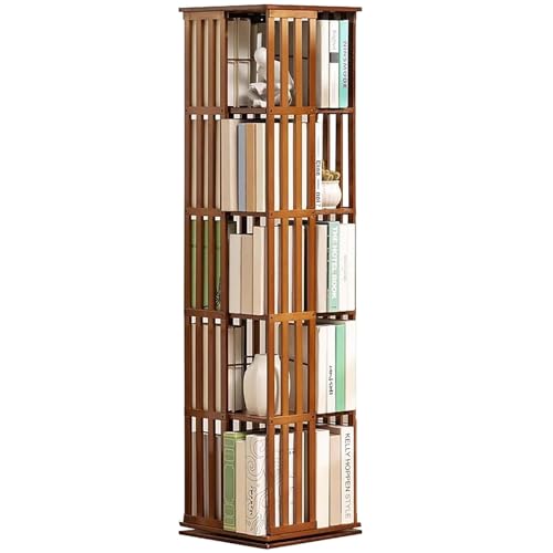 Drehbares Bücherregal, 5-stufiges Boden-Bücherregal für Kinder und Erwachsene, um 360° drehbares Bücherregal aus Bambus, Boden-Bücherregal, schmales Holz-Bücherregal, freistehendes von KDOQ