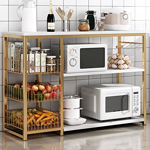 Küchenregal aus Metall mit Holztisch – Mikrowellenständer und Organisationsregal für effiziente Aufbewahrung auf der Kücheninsel von KDOQ