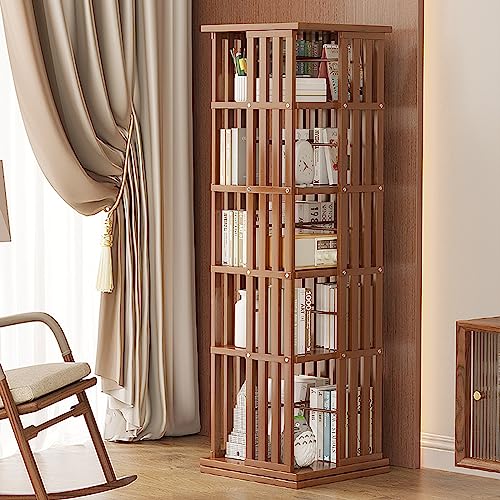 Um 360° drehbares Bambus-Bücherregal für die Heim- und Bürodekoration – offenes Design, Boden-Bücherregal, drehbares Bücherregal mit Präsentationsständer von KDOQ