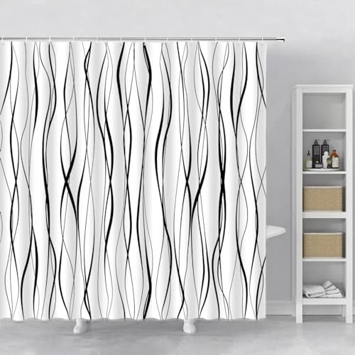 KDOVOXB Duschvorhang mit geometrischer Wellenlinie, moderner minimalistischer Badvorhang, Hotel-Badezimmerdekoration, Polyestergewebe mit Haken, 140 x 200 cm (B x H), Stoff-Duschvorhang von KDOVOXB