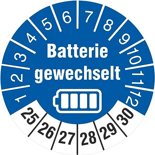 10 Prüfetiketten Batterie gewechselt 30 mm Batteriewechsel durchgeführt 2025-2030 Prüfplaketten von KDS