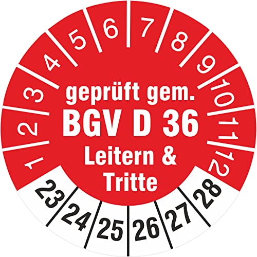 10 Stück Prüfplaketten 18 mm geprüft gemäß BGV D36 Leitern und Tritte Prüfetiketten 2023-2028 Rollenware stark haftend von KDS