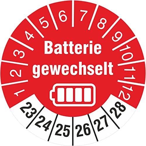 500 Stück Prüfplaketten Batterie gewechselt 30 mm Prüfetiketten 2023-2028 auf Rolle mit Spenderbox stark haftend von KDS
