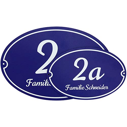 Hausnummer Schild blau 15x10 oval mit Nummer und Name Bedruckt von KDS