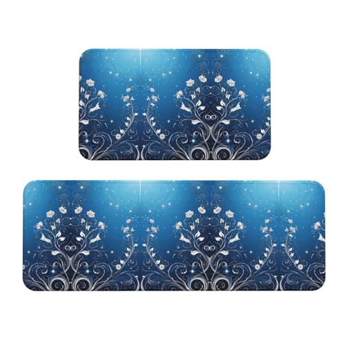 2-teiliges blaues Küchenmatten-Set mit Strudeldruck mit Mini-Blumen in lebendigen Designs für stilvolle und funktionale Böden von KDSEFHHCB