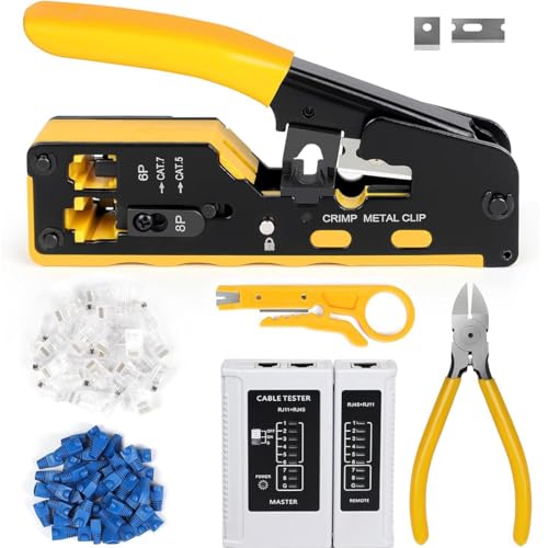 KDSya RJ45 Crimpzange Set für CAT5 CAT6 CAT7 Netzwerkkabel mit 20 Schirmsteckern, Abisolierer & Klinge - Professionelle Netzwerk Werkzeuge für LAN Kabel Herstellung von KDSya