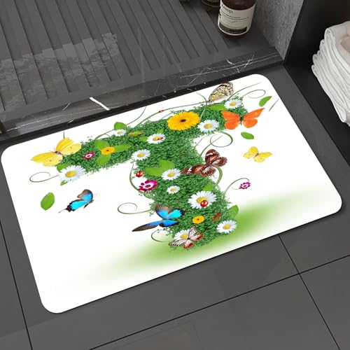 KDWJS Badematte rutschfest Super Absorbierende Badezimmerteppich,Waschbar Duschvorleger,Badewannen undBadezimmer, Buchstabe T, Natur inspiriertes Design mit Blumen und Tieren Grün,40x60 cm von KDWJS