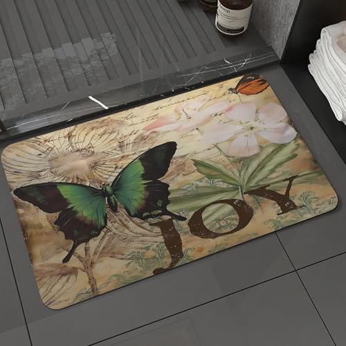KDWJS Badematte rutschfest Super Absorbierende Badezimmerteppich,Waschbar Duschvorleger,Badewannen undBadezimmer,Abstract Grunge Hintergrund mit grünem Schmetterling und Blumen,40x60 cm von KDWJS