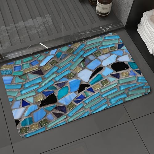 KDWJS Badematte rutschfest Super Absorbierende Badezimmerteppich,Waschbar Duschvorleger,Badewannen undBadezimmer,Anordnungen von blauen und goldenen Fliesen in verschiedenen Formen schaffen,40x60 cm von KDWJS