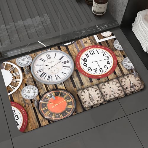 KDWJS Badematte rutschfest Super Absorbierende Badezimmerteppich,Waschbar Duschvorleger,Badewannen undBadezimmer,Antike Uhr auf Holzwand als Hintergrund,40x60 cm von KDWJS