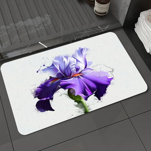 KDWJS Badematte rutschfest Super Absorbierende Badezimmerteppich,Waschbar Duschvorleger,Badewannen undBadezimmer,Aquarell-Illustration Einer violetten Iris-Nahaufnahme auf weißem Hintergrun,40x60 cm von KDWJS
