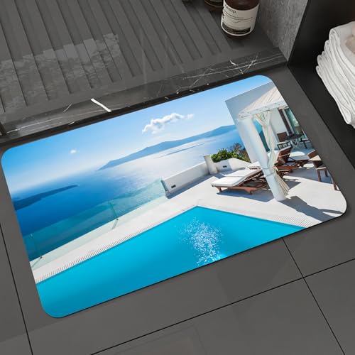 KDWJS Badematte rutschfest Super Absorbierende Badezimmerteppich,Waschbar Duschvorleger,Badewannen undBadezimmer,Architektur auf der l Santorin in Griechenland Blue White Hot Pool,40x60 cm von KDWJS