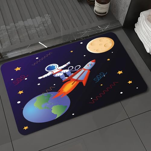 KDWJS Badematte rutschfest Super Absorbierende Badezimmerteppich,Waschbar Duschvorleger,Badewannen undBadezimmer,Astronaut Surft mit Einer Rakete in der Galaxie. Vorlage mit Planeten Erde,40x60 cm von KDWJS