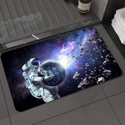 KDWJS Badematte rutschfest Super Absorbierende Badezimmerteppich,Waschbar Duschvorleger,Badewannen undBadezimmer,Astronauten umarmen die Erde, Nebel und Asteroiden in der kosmischen Landsch,40x60 cm von KDWJS