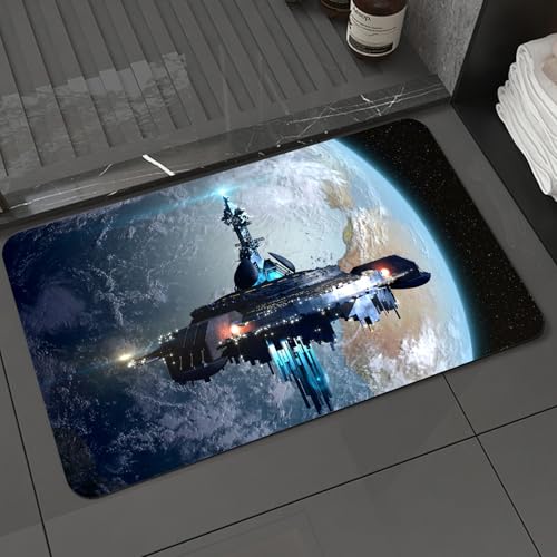 KDWJS Badematte rutschfest Super Absorbierende Badezimmerteppich,Waschbar Duschvorleger,Badewannen undBadezimmer,Außerirdisches Mutterschiff in der Nähe der Erde für futuristische Fantasy-,40x60 cm von KDWJS
