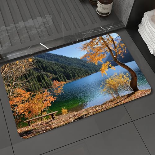KDWJS Badematte rutschfest Super Absorbierende Badezimmerteppich,Waschbar Duschvorleger,Badewannen undBadezimmer,Bauernhof Herbstsaison am See und Berg asiatische Natur Thema Herbst Bäume i,40x60 cm von KDWJS