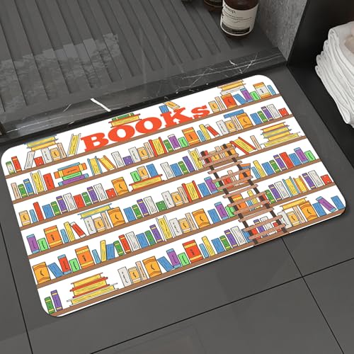 KDWJS Badematte rutschfest Super Absorbierende Badezimmerteppich,Waschbar Duschvorleger,Badewannen undBadezimmer,Bibliothek Bücherregal mit Einer Leiter Schule Bildung Campus Leben Karikatu,40x60 cm von KDWJS