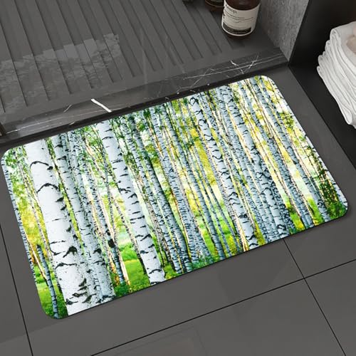 KDWJS Badematte rutschfest Super Absorbierende Badezimmerteppich,Waschbar Duschvorleger,Badewannen undBadezimmer,Birkenwald, üppige Birken mit einzigartiger weißer Rinde, sitzen auf einem g,40x60 cm von KDWJS