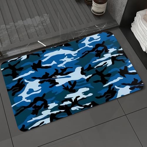 KDWJS Badematte rutschfest Super Absorbierende Badezimmerteppich,Waschbar Duschvorleger,Badewannen undBadezimmer,Blaue Tarnung tärhintergrund Dunkles Muster Urbane Mode drucken Armeeuniform,40x60 cm von KDWJS
