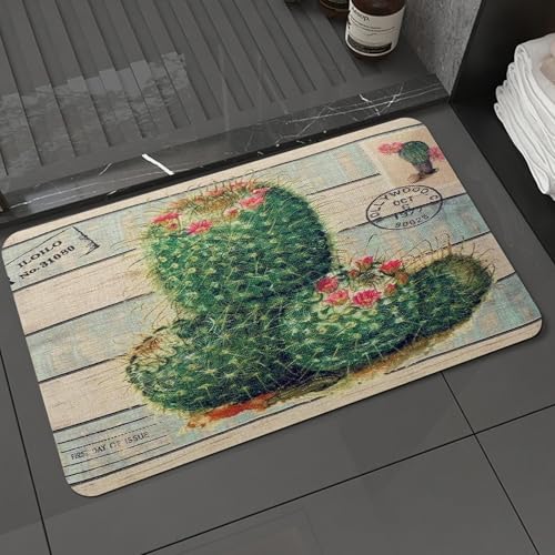 KDWJS Badematte rutschfest Super Absorbierende Badezimmerteppich,Waschbar Duschvorleger,Badewannen undBadezimmer,Blühender Kaktus auf Hintergrund im Retro-Textur-Canvas-Stil,40x60 cm von KDWJS