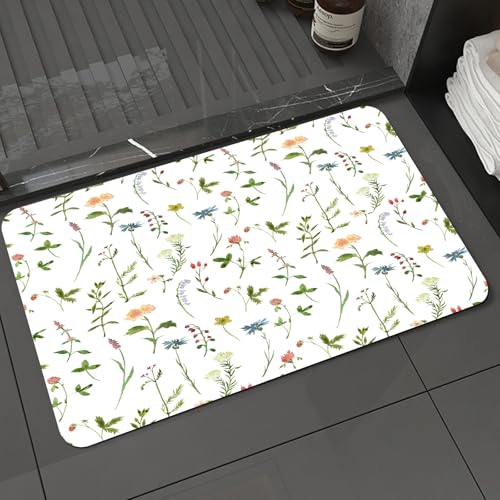 KDWJS Badematte rutschfest Super Absorbierende Badezimmerteppich,Waschbar Duschvorleger,Badewannen undBadezimmer,Blumen, Aquarelle mit Frühlingsmotiven, Gemälde von Kräutern, Blumen, botani,40x60 cm von KDWJS