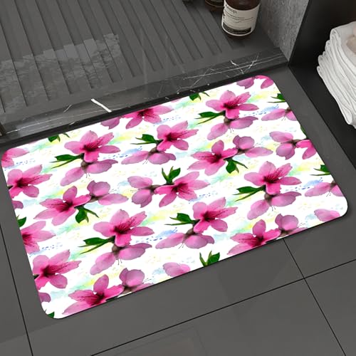 KDWJS Badematte rutschfest Super Absorbierende Badezimmerteppich,Waschbar Duschvorleger,Badewannen undBadezimmer,Blumen, lebendige Kirschblüte Sakura Blütenblätter Botanik Essenz Aquarell K,40x60 cm von KDWJS