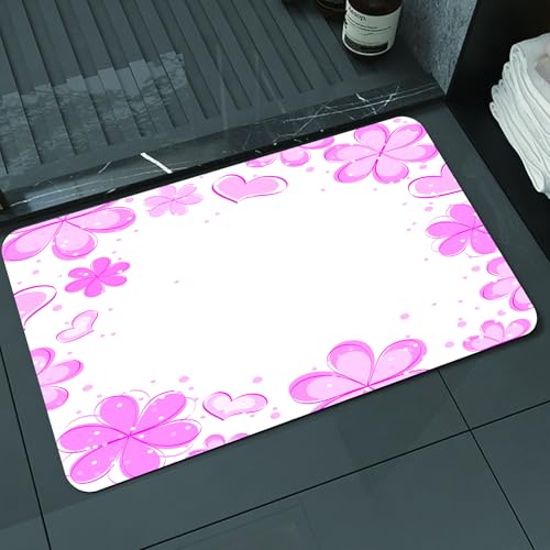 KDWJS Badematte rutschfest Super Absorbierende Badezimmerteppich,Waschbar Duschvorleger,Badewannen undBadezimmer,Blumenrahmen, rosa Blumen und Liebesherzen auf weißem Hintergrund, Strahlen,40x60 cm von KDWJS