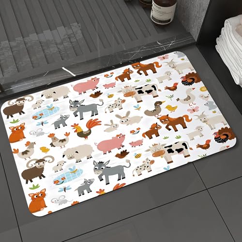KDWJS Badematte rutschfest Super Absorbierende Badezimmerteppich,Waschbar Duschvorleger,Badewannen undBadezimmer,Cartoon, Illustration verschiedener süßer Nutztiere, Blumen und kten auf wei,40x60 cm von KDWJS