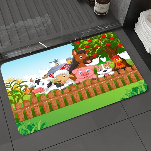 KDWJS Badematte rutschfest Super Absorbierende Badezimmerteppich,Waschbar Duschvorleger,Badewannen undBadezimmer,Cartoon, Komposition süße Nutztiere auf Zaun Comic-Maskottchen mit Hund Kuh,40x60 cm von KDWJS