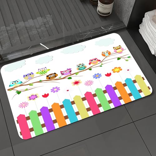 KDWJS Badematte rutschfest Super Absorbierende Badezimmerteppich,Waschbar Duschvorleger,Badewannen undBadezimmer,Cartoon-Kunst, Bunte Eulen auf Ästen über Blumen, vor Einer Reihe bunter Zäu,40x60 cm von KDWJS